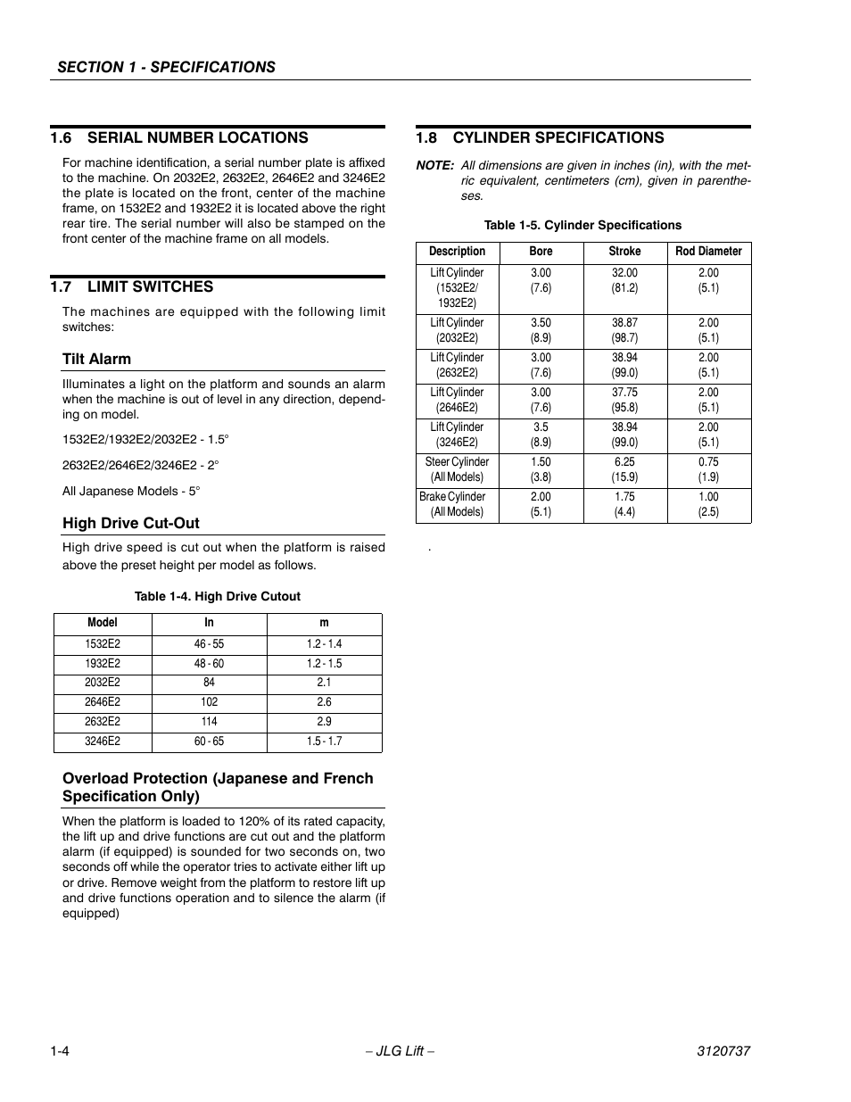 6 serial number locations, 7 limit switches, Tilt alarm | High drive cut-out, 8 cylinder specifications, Serial number locations -4, Limit switches -4, Cylinder specifications -4 | JLG 3246E2 ANSI Service Manual User Manual | Page 10 / 86