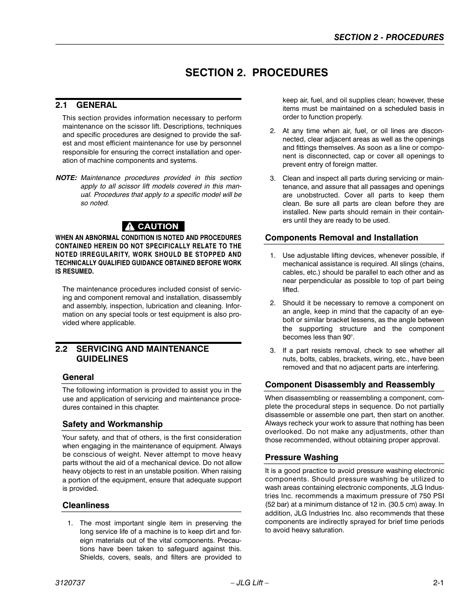 Section 2. procedures, 1 general, 2 servicing and maintenance guidelines | General, Safety and workmanship, Cleanliness, Components removal and installation, Component disassembly and reassembly, Pressure washing, Section 2 - procedures | JLG 3246E2 ANSI Service Manual User Manual | Page 15 / 86