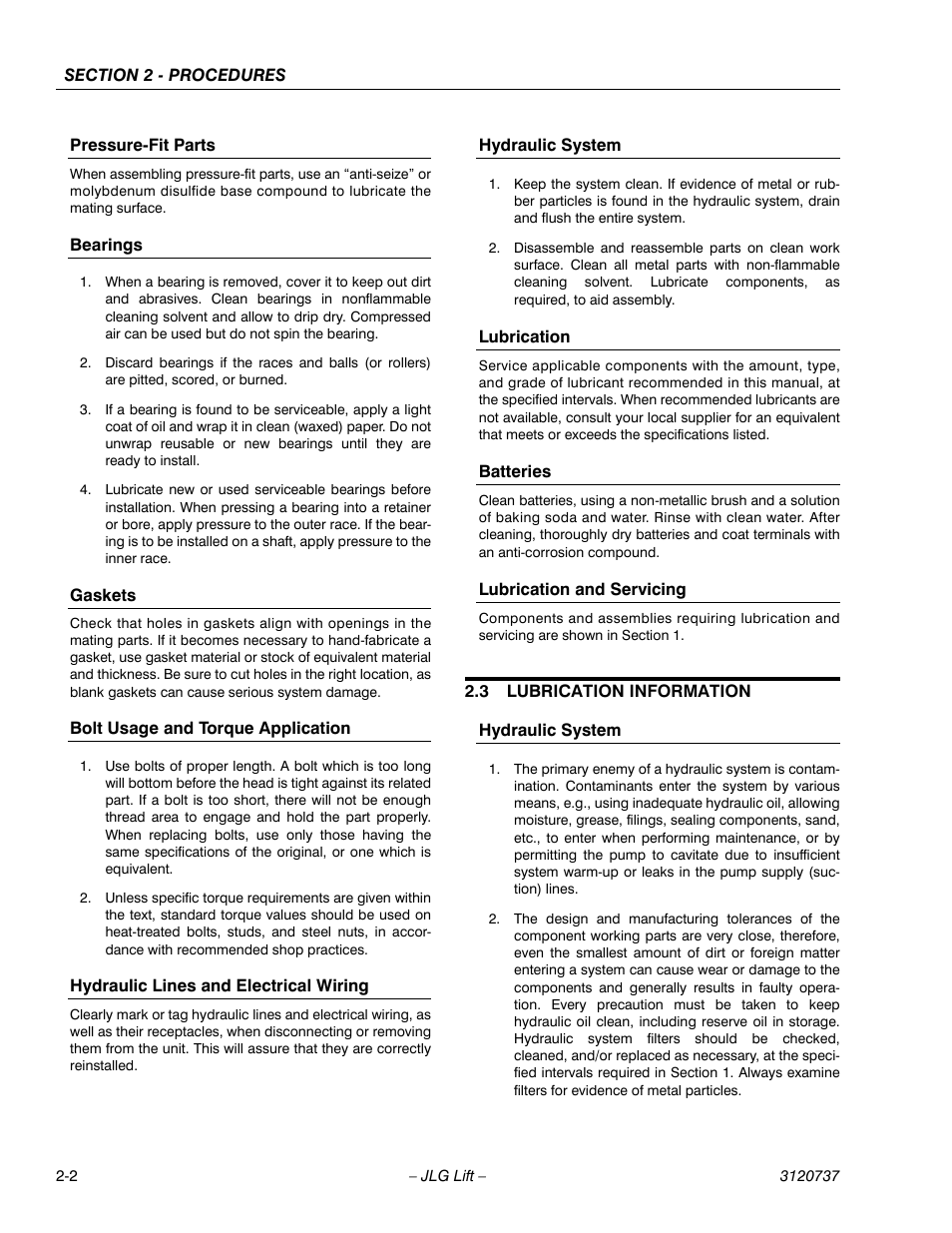 Pressure-fit parts, Bearings, Gaskets | Bolt usage and torque application, Hydraulic lines and electrical wiring, Hydraulic system, Lubrication, Batteries, Lubrication and servicing, 3 lubrication information | JLG 3246E2 ANSI Service Manual User Manual | Page 16 / 86