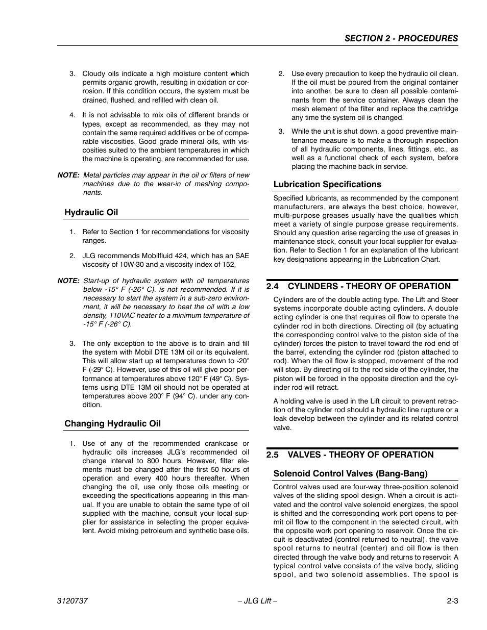 Hydraulic oil, Changing hydraulic oil, Lubrication specifications | 4 cylinders - theory of operation, 5 valves - theory of operation, Solenoid control valves (bang-bang), Cylinders - theory of operation -3, Valves - theory of operation -3 | JLG 3246E2 ANSI Service Manual User Manual | Page 17 / 86