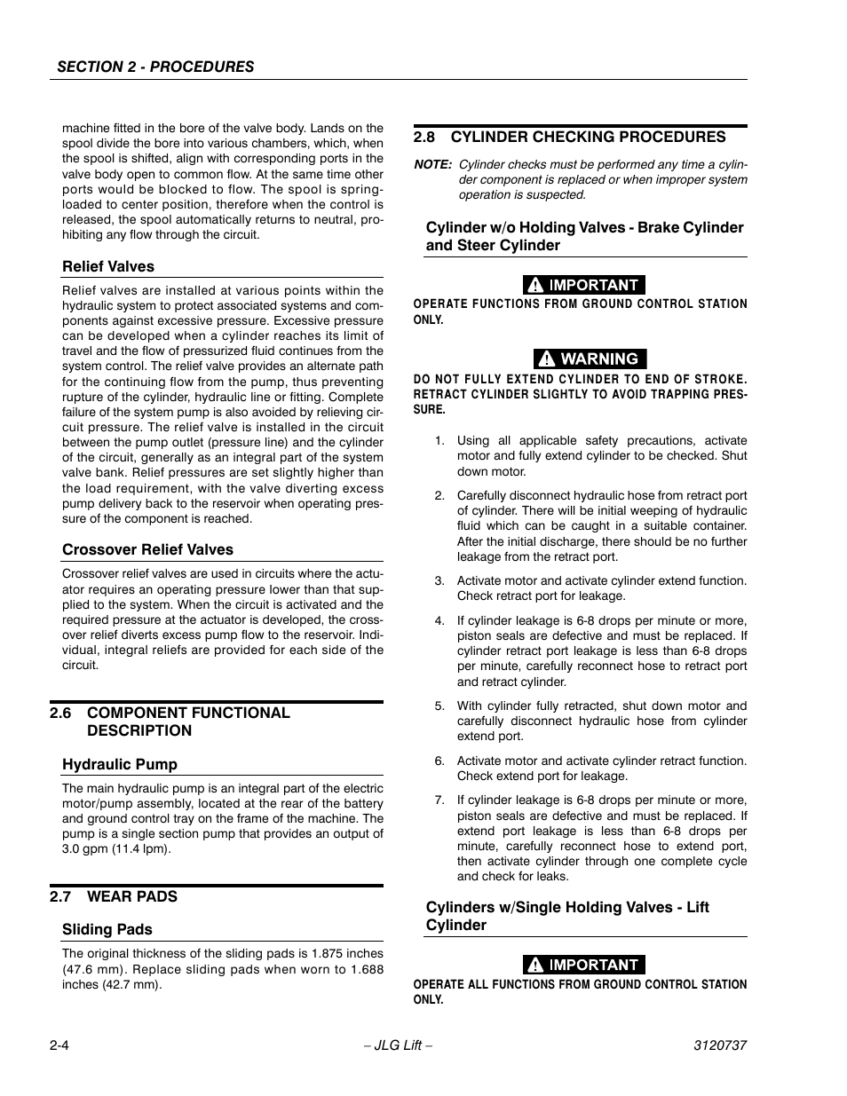 Relief valves, Crossover relief valves, 6 component functional description | Hydraulic pump, 7 wear pads, Sliding pads, 8 cylinder checking procedures, Cylinders w/single holding valves - lift cylinder, Component functional description -4, Wear pads -4 | JLG 3246E2 ANSI Service Manual User Manual | Page 18 / 86