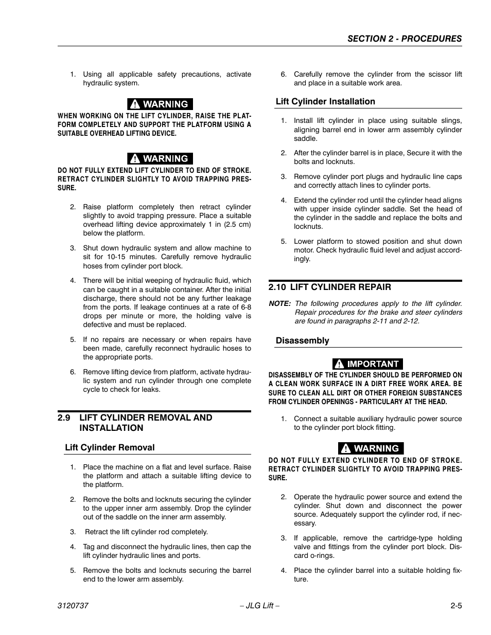 9 lift cylinder removal and installation, Lift cylinder removal, Lift cylinder installation | 10 lift cylinder repair, Disassembly, Lift cylinder removal and installation -5, Lift cylinder repair -5 | JLG 3246E2 ANSI Service Manual User Manual | Page 19 / 86