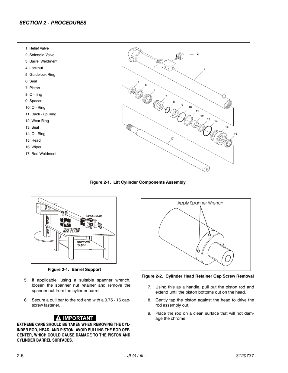 Lift cylinder components assembly -6, Barrel support -6, Cylinder head retainer cap screw removal -6 | JLG 3246E2 ANSI Service Manual User Manual | Page 20 / 86