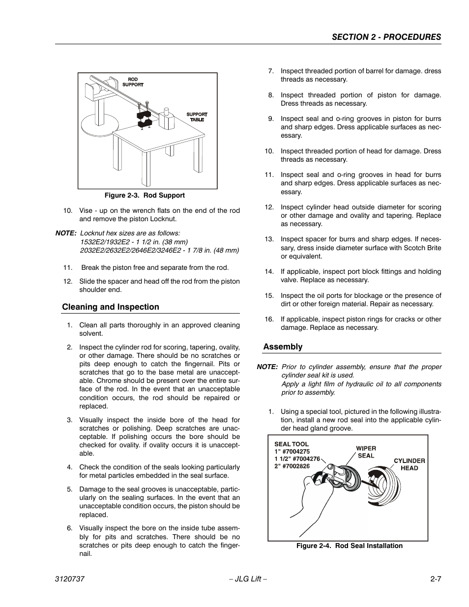 Cleaning and inspection, Assembly, Rod support -7 | Rod seal installation -7 | JLG 3246E2 ANSI Service Manual User Manual | Page 21 / 86