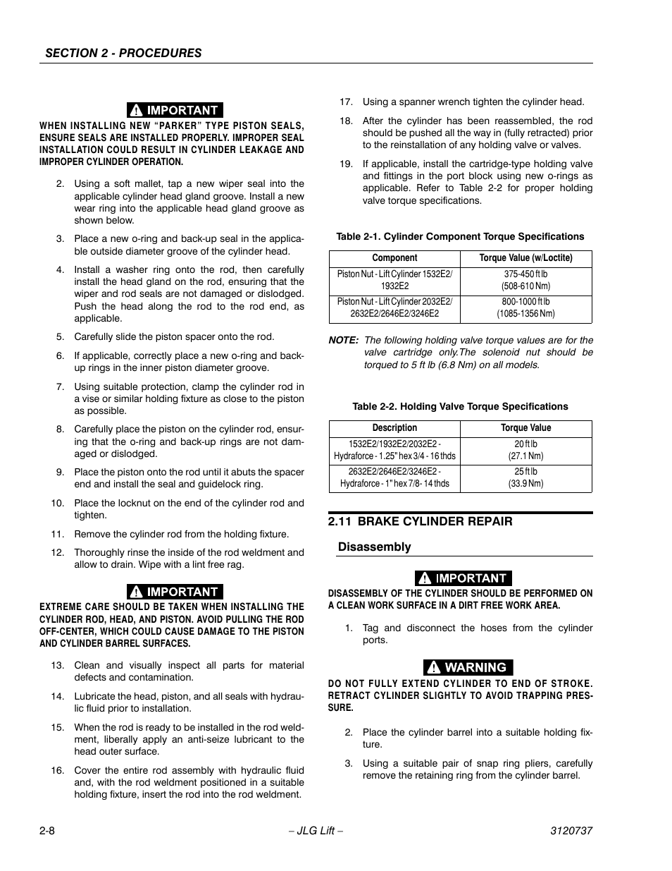 11 brake cylinder repair, Disassembly, Brake cylinder repair -8 | Cylinder component torque specifications -8, Holding valve torque specifications -8 | JLG 3246E2 ANSI Service Manual User Manual | Page 22 / 86