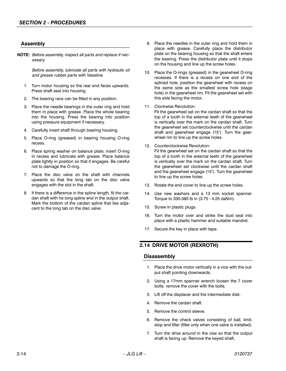 Assembly, 14 drive motor (rexroth), Disassembly | Drive motor (rexroth) -14 | JLG 3246E2 ANSI Service Manual User Manual | Page 28 / 86