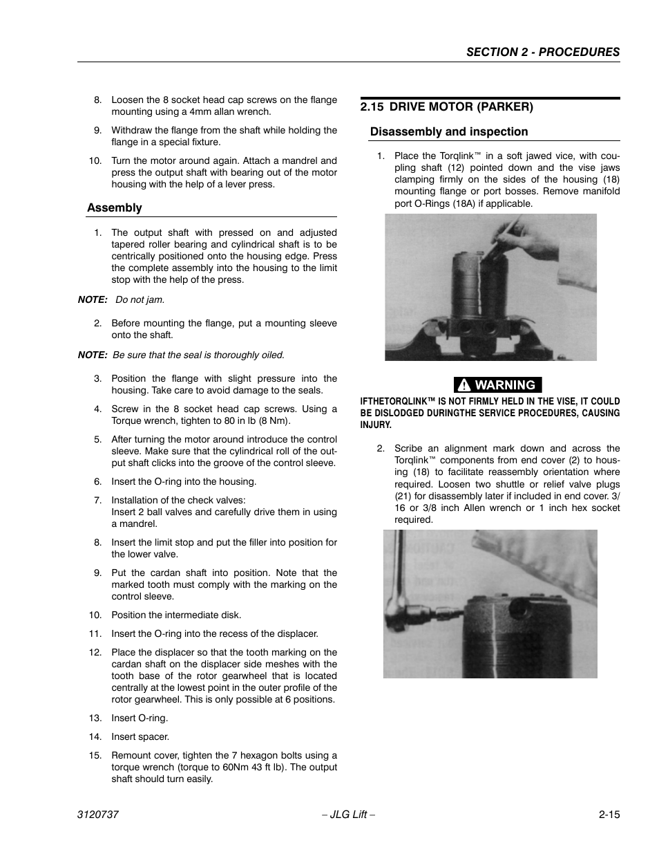 Assembly, 15 drive motor (parker), Disassembly and inspection | Drive motor (parker) -15 | JLG 3246E2 ANSI Service Manual User Manual | Page 29 / 86