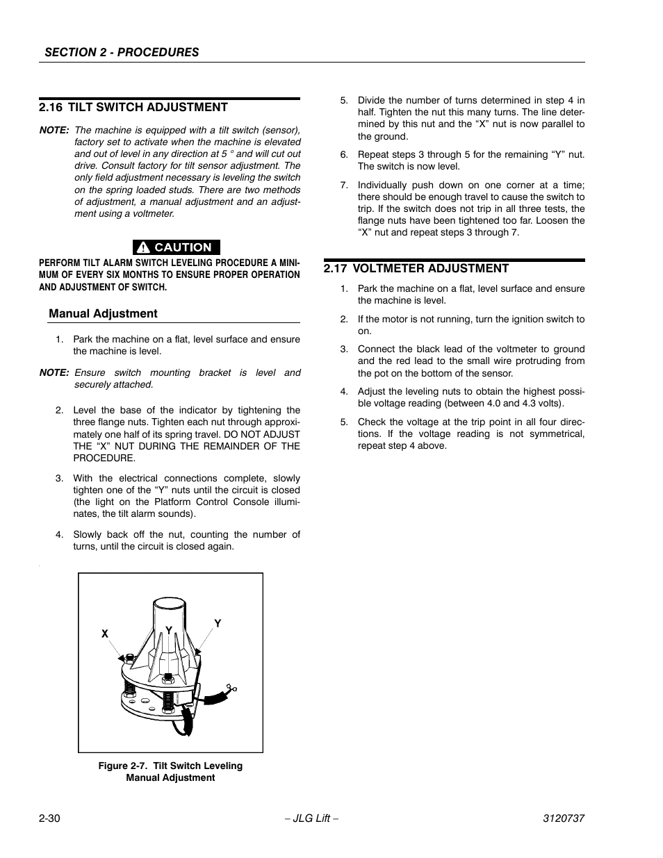 16 tilt switch adjustment, Manual adjustment, 17 voltmeter adjustment | Tilt switch adjustment -30, Voltmeter adjustment -30, Tilt switch leveling manual adjustment -30 | JLG 3246E2 ANSI Service Manual User Manual | Page 44 / 86