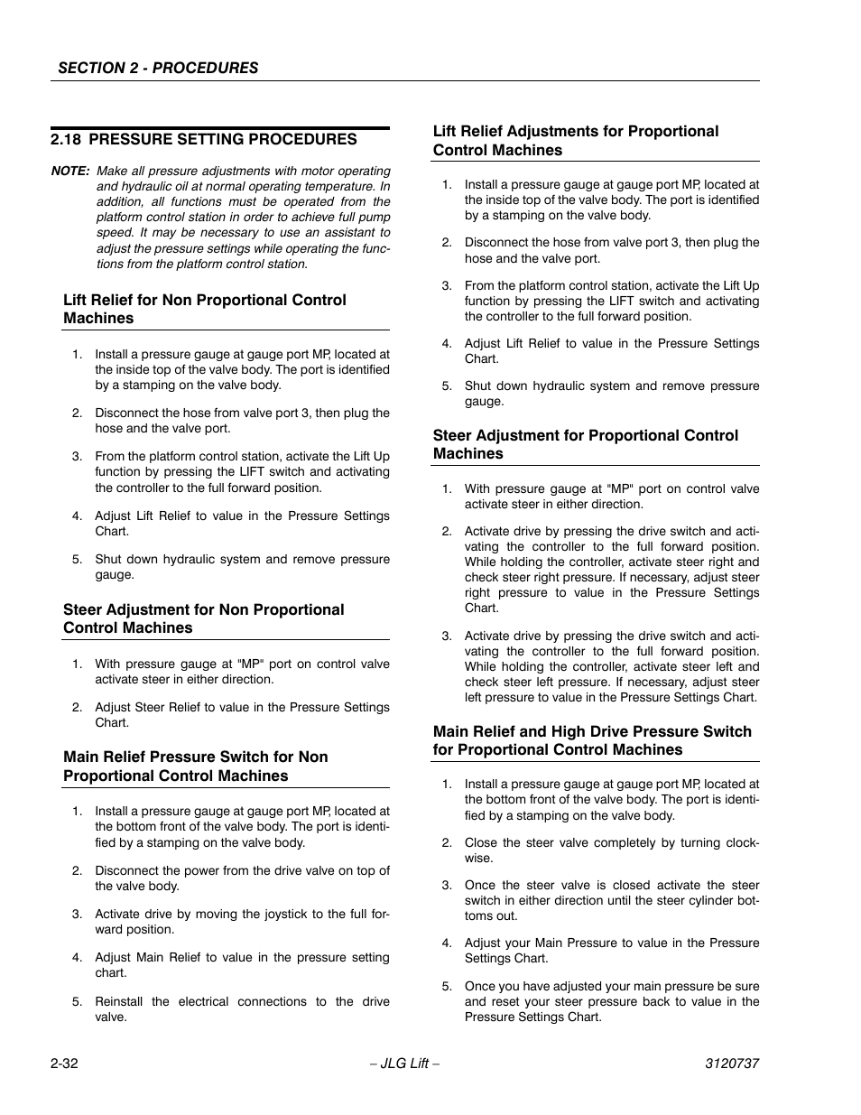 18 pressure setting procedures, Lift relief for non proportional control machines, Steer adjustment for proportional control machines | Pressure setting procedures -32 | JLG 3246E2 ANSI Service Manual User Manual | Page 46 / 86