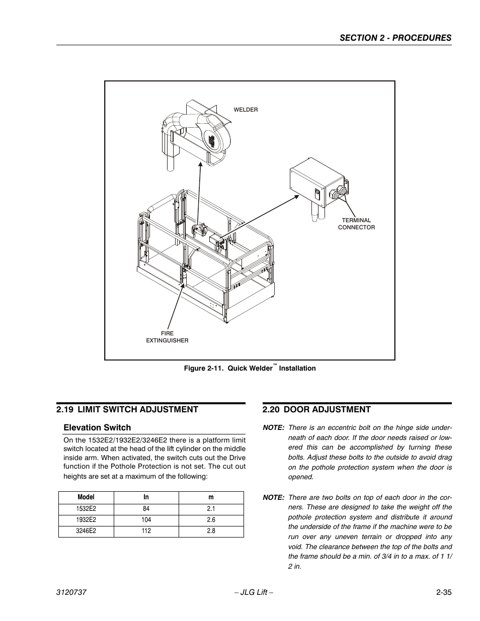 19 limit switch adjustment, Elevation switch, 20 door adjustment | Limit switch adjustment -35, Quick welder™ installation -35 | JLG 3246E2 ANSI Service Manual User Manual | Page 49 / 86
