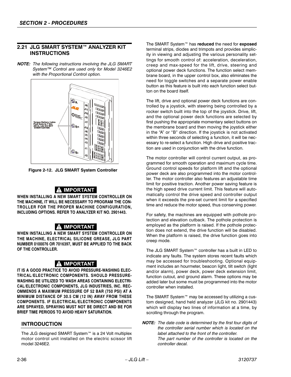 21 jlg smart system™ analyzer kit instructions, Introduction, Jlg smart system™ analyzer kit instructions -36 | Jlg smart system controller -36 | JLG 3246E2 ANSI Service Manual User Manual | Page 50 / 86