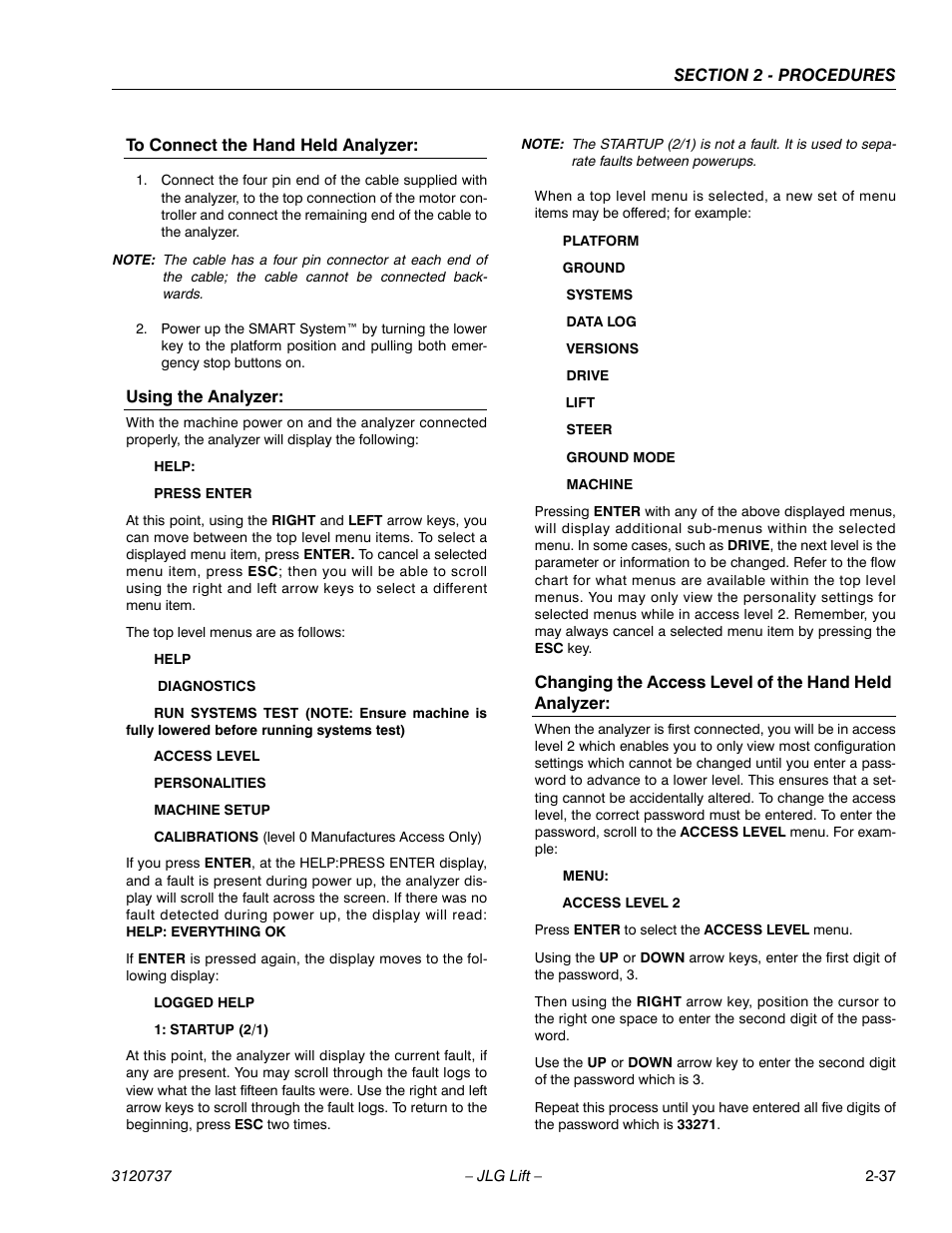 To connect the hand held analyzer, Using the analyzer | JLG 3246E2 ANSI Service Manual User Manual | Page 51 / 86