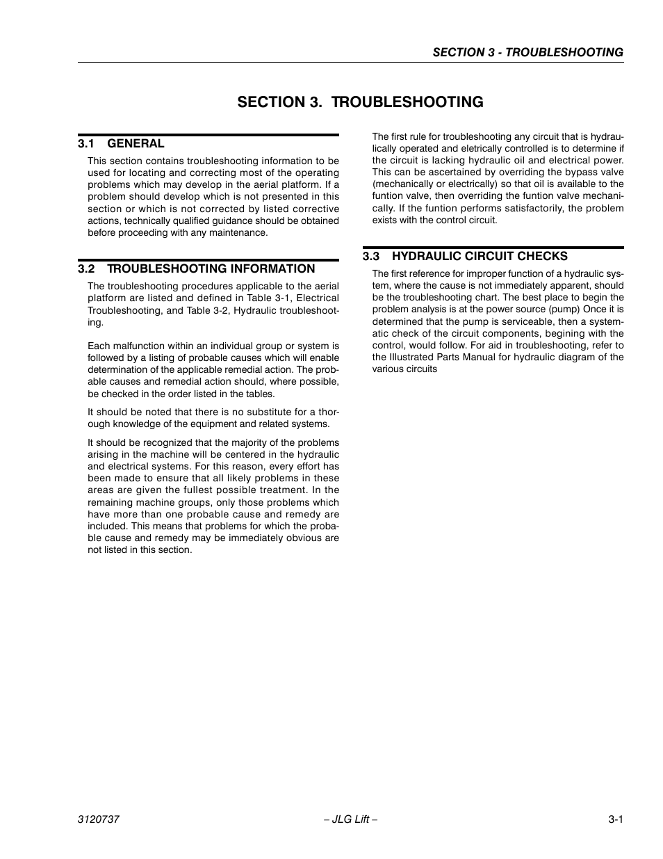 Section 3. troubleshooting, 1 general, 2 troubleshooting information | 3 hydraulic circuit checks, Section 3 - troubleshooting, General -1, Troubleshooting information -1, Hydraulic circuit checks -1 | JLG 3246E2 ANSI Service Manual User Manual | Page 69 / 86