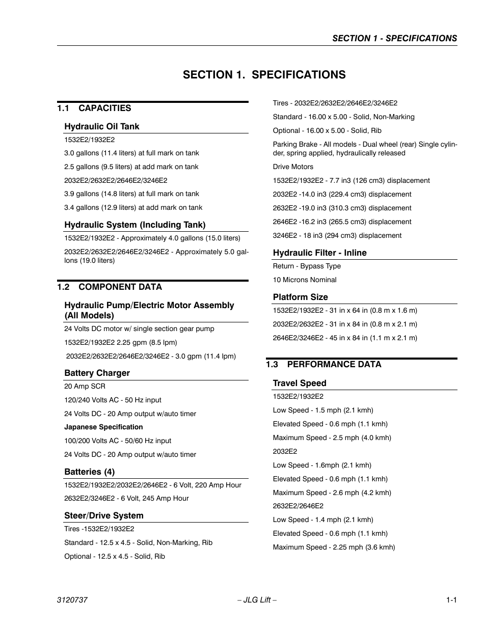 Section 1. specifications, 1 capacities, Hydraulic oil tank | Hydraulic system (including tank), 2 component data, Battery charger, Batteries (4), Steer/drive system, Hydraulic filter - inline, Platform size | JLG 3246E2 ANSI Service Manual User Manual | Page 7 / 86