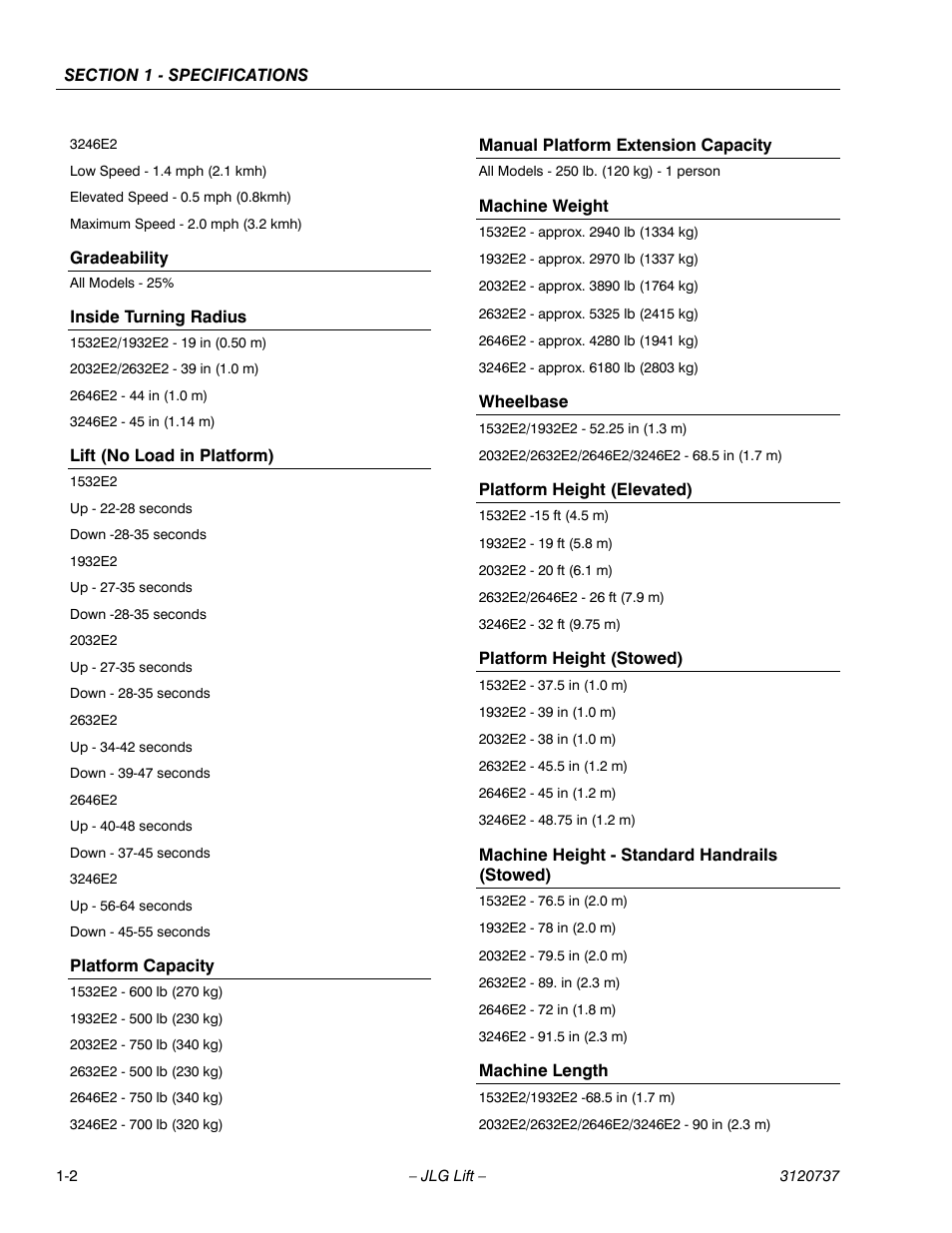 Gradeability, Inside turning radius, Lift (no load in platform) | Platform capacity, Manual platform extension capacity, Machine weight, Wheelbase, Platform height (elevated), Platform height (stowed), Machine height - standard handrails (stowed) | JLG 3246E2 ANSI Service Manual User Manual | Page 8 / 86