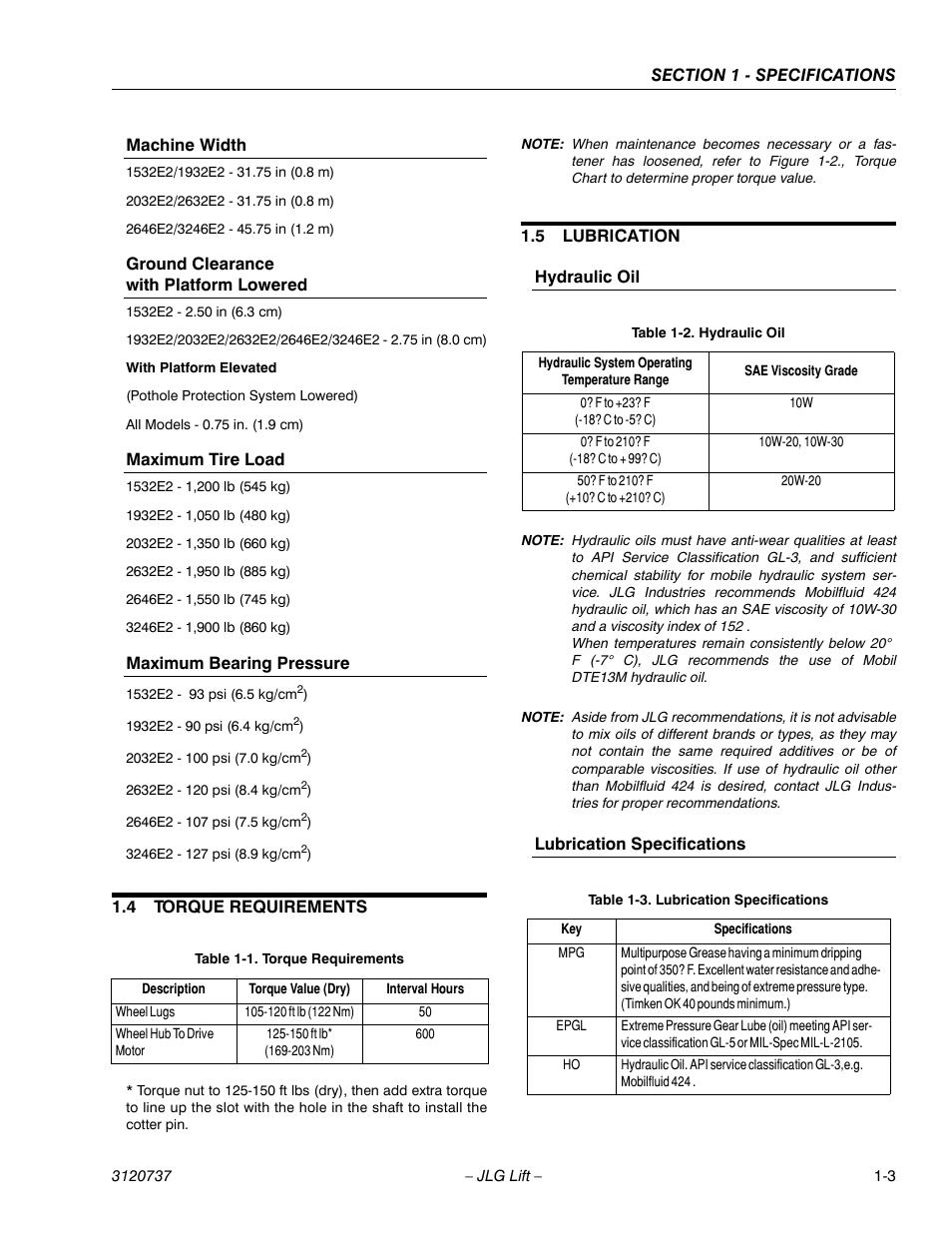 Machine width, Ground clearance with platform lowered, Maximum tire load | Maximum bearing pressure, 4 torque requirements, 5 lubrication, Hydraulic oil, Lubrication specifications, Torque requirements -3, Lubrication -3 | JLG 3246E2 ANSI Service Manual User Manual | Page 9 / 86