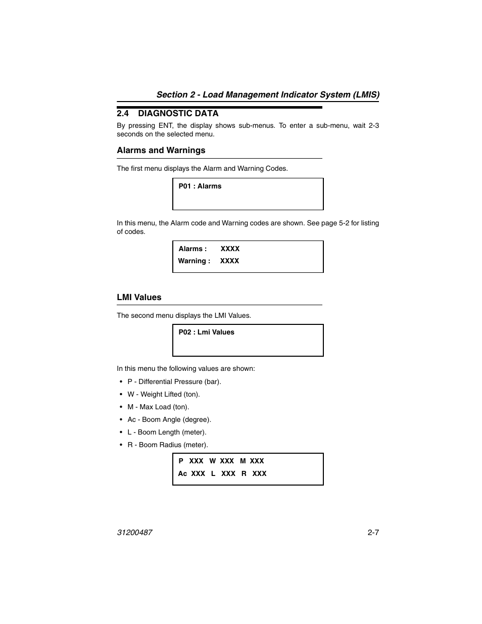 4 diagnostic data, Alarms and warnings, Lmi values | 4 diagnostic data -7, Alarms and warnings -7 lmi values -7 | JLG 4009 Suspended Load Supplement Operator Manual User Manual | Page 29 / 46