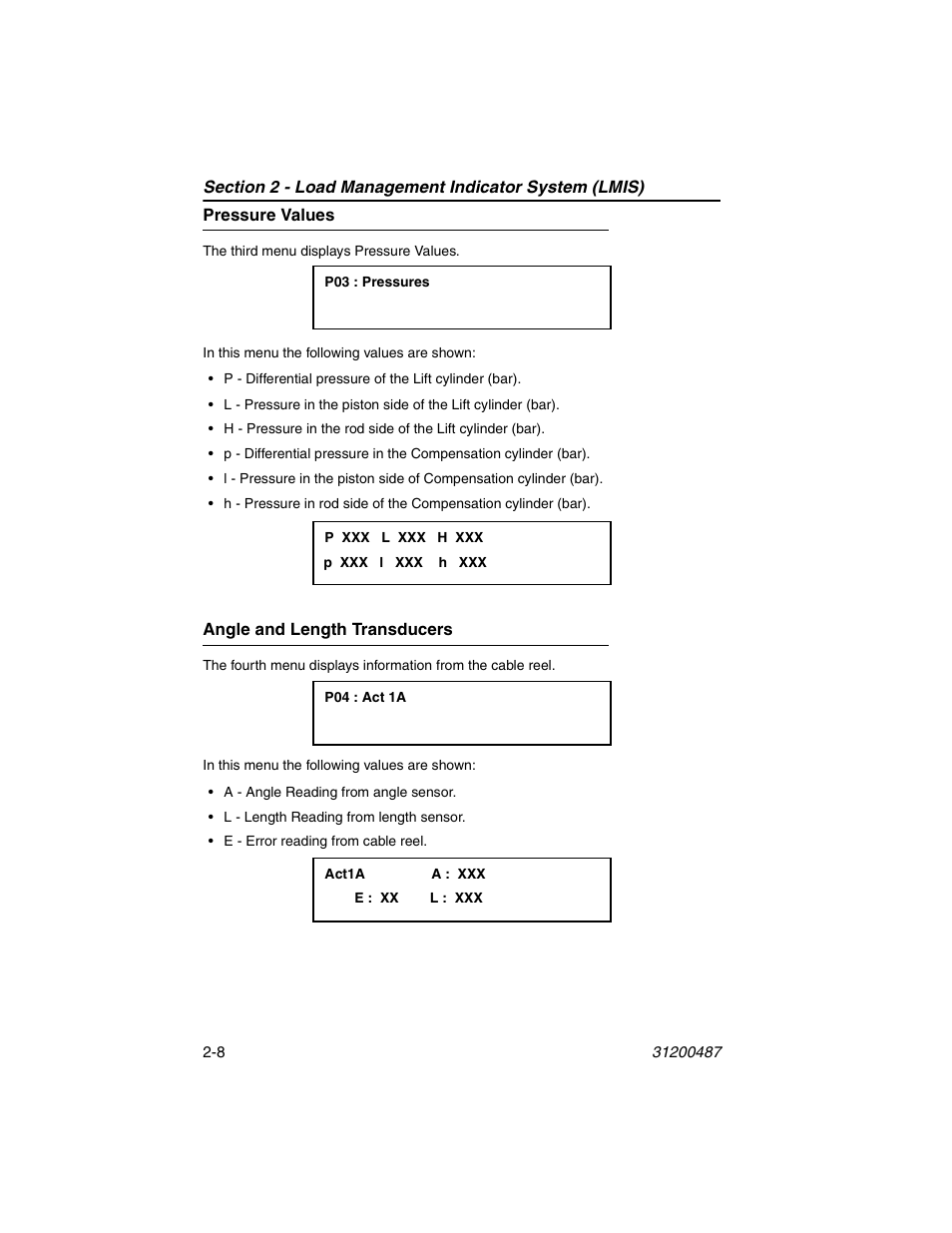 Pressure values, Angle and length transducers, Pressure values -8 angle and length transducers -8 | JLG 4009 Suspended Load Supplement Operator Manual User Manual | Page 30 / 46