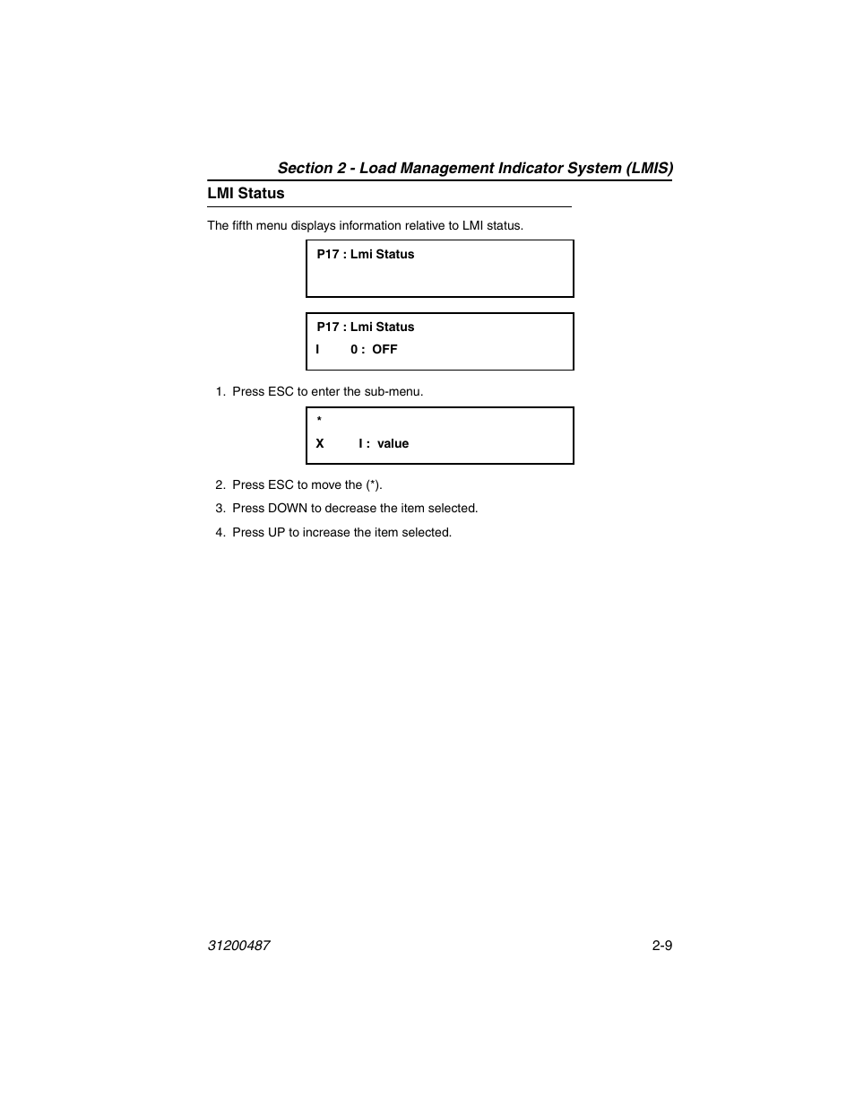 Lmi status, Lmi status -9 | JLG 4009 Suspended Load Supplement Operator Manual User Manual | Page 31 / 46