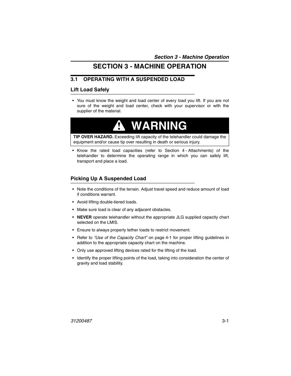 Section 3 - machine operation, 1 operating with a suspended load, Lift load safely | Picking up a suspended load, 1 operating with a suspended load -1, Lift load safely -1 picking up a suspended load -1, Warning | JLG 4009 Suspended Load Supplement Operator Manual User Manual | Page 33 / 46