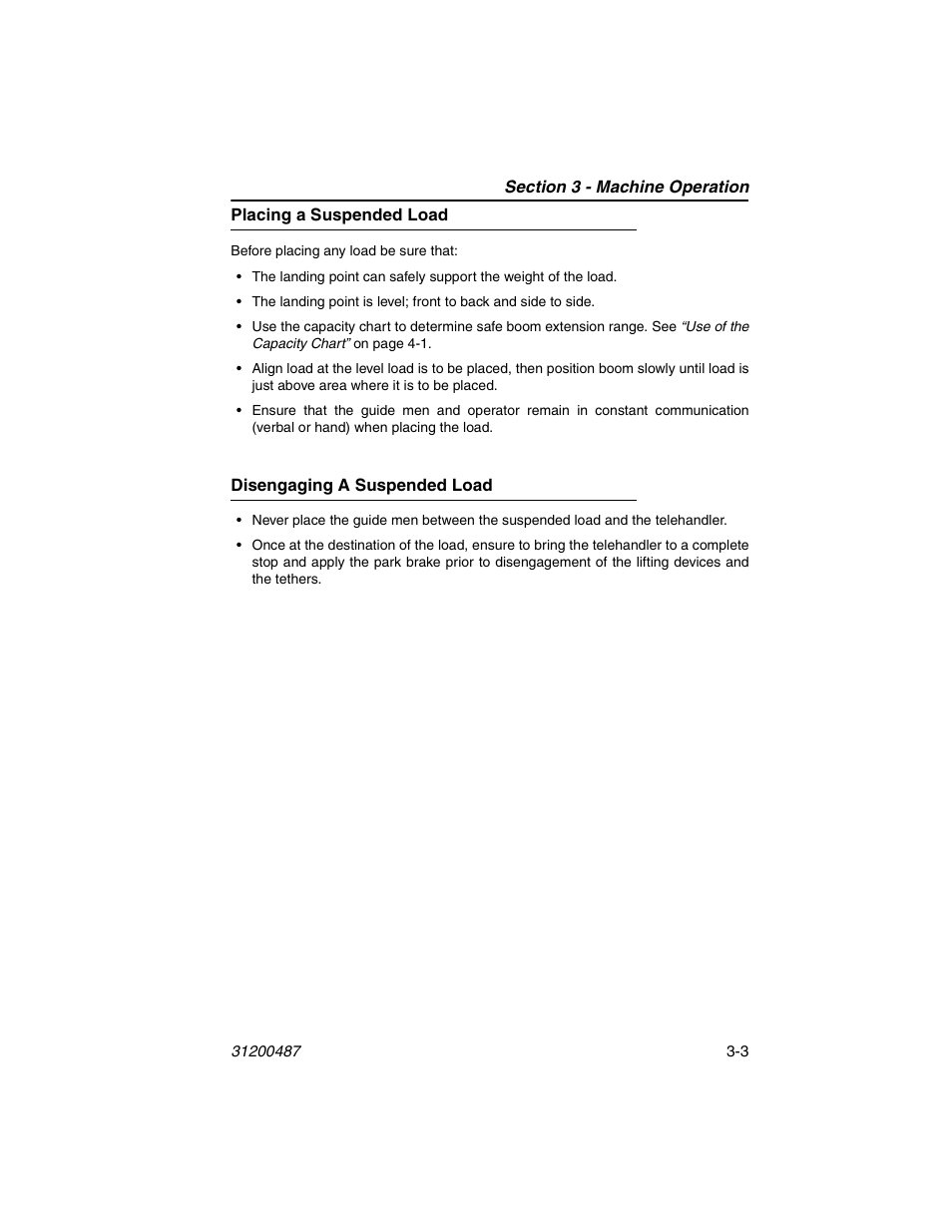 Placing a suspended load, Disengaging a suspended load | JLG 4009 Suspended Load Supplement Operator Manual User Manual | Page 35 / 46