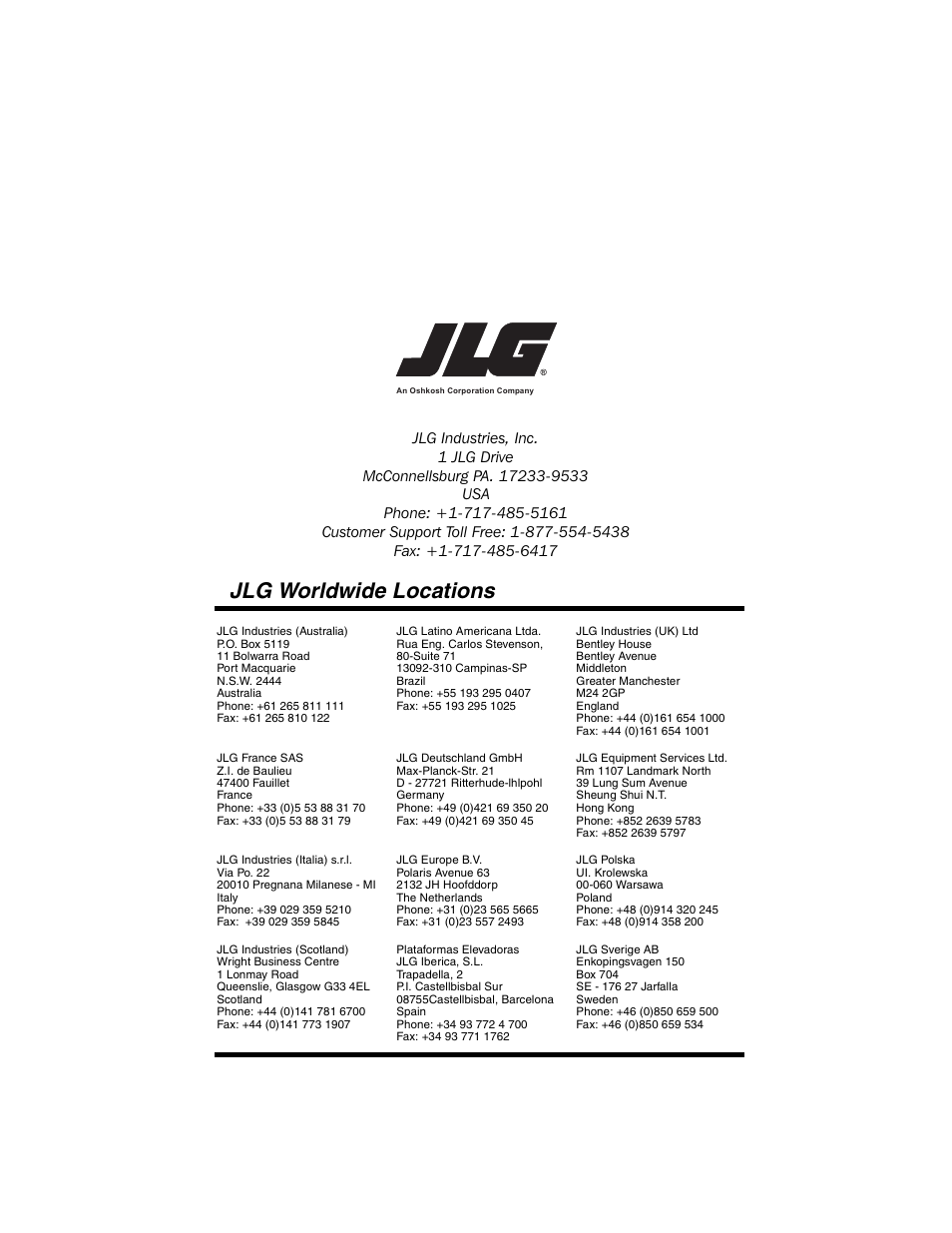 Jlg worldwide locations | JLG 4009 Suspended Load Supplement Operator Manual User Manual | Page 46 / 46