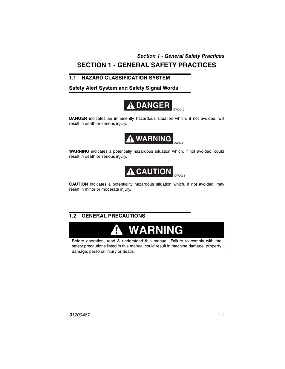 Section 1 - general safety practices, 1 hazard classification system, Safety alert system and safety signal words | 2 general precautions, 1 hazard classification system -1, Safety alert system and safety signal words -1, 2 general precautions -1, Warning, Danger, Caution | JLG 4009 Suspended Load Supplement Operator Manual User Manual | Page 9 / 46