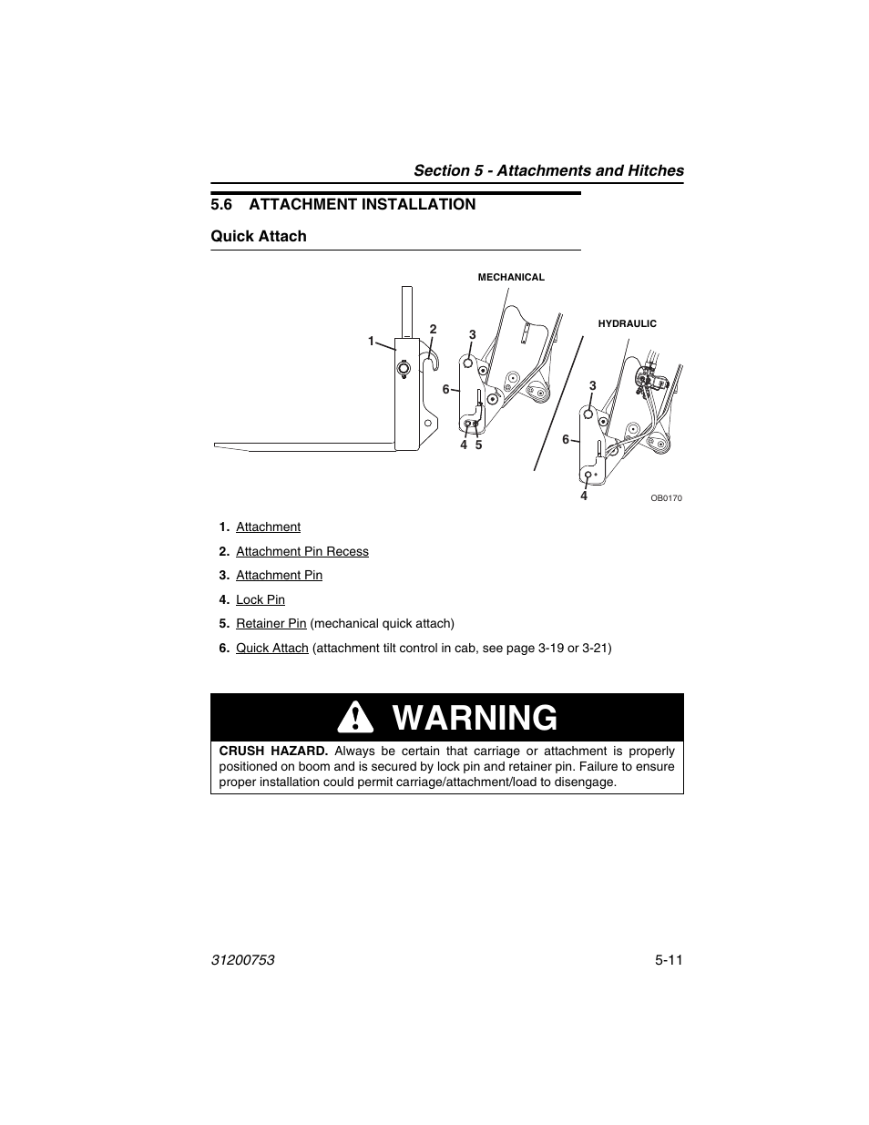 6 attachment installation, Quick attach, 6 attachment installation -11 | Quick attach -11, Warning | JLG 4017PS Operator Manual User Manual | Page 103 / 202