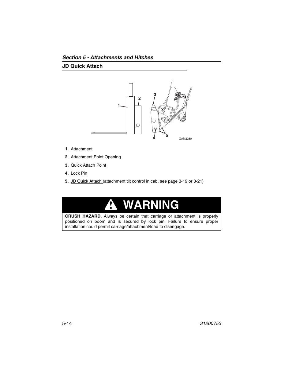 Jd quick attach, Jd quick attach -14, Warning | JLG 4017PS Operator Manual User Manual | Page 106 / 202