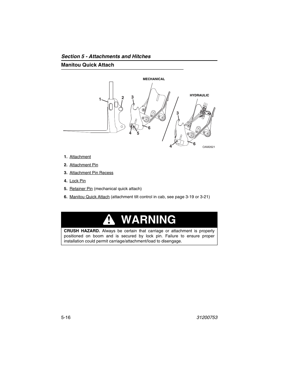 Manitou quick attach, Manitou quick attach -16, Warning | JLG 4017PS Operator Manual User Manual | Page 108 / 202