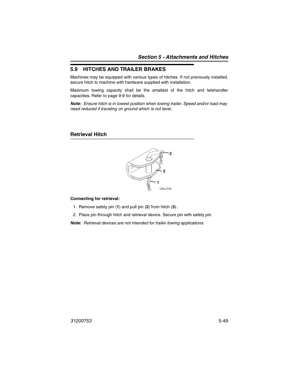 9 hitches and trailer brakes, Retrieval hitch, 9 hitches and trailer brakes -49 | Retrieval hitch -49 | JLG 4017PS Operator Manual User Manual | Page 141 / 202