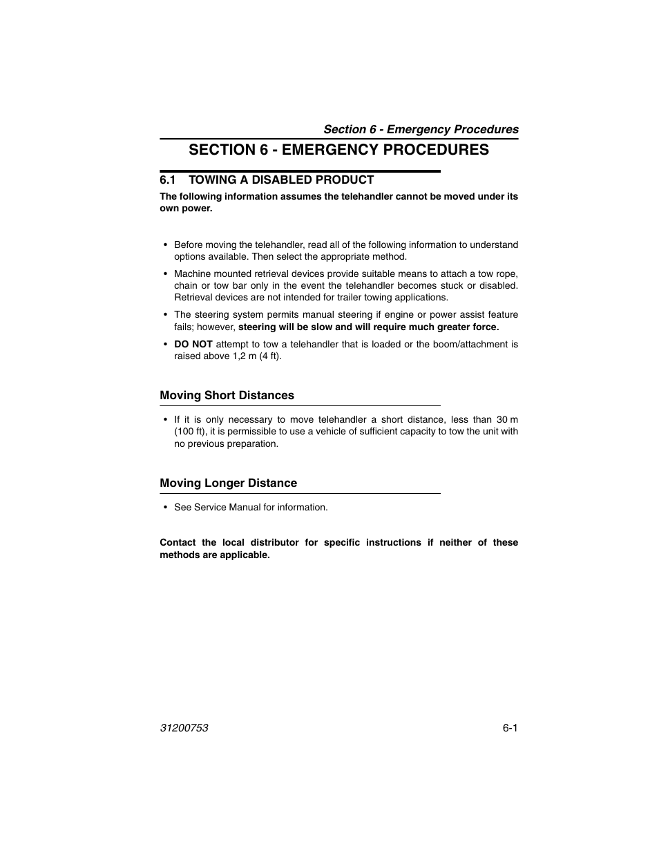 Section 6 - emergency procedures, 1 towing a disabled product, Moving short distances | Moving longer distance, 1 towing a disabled product -1 | JLG 4017PS Operator Manual User Manual | Page 149 / 202