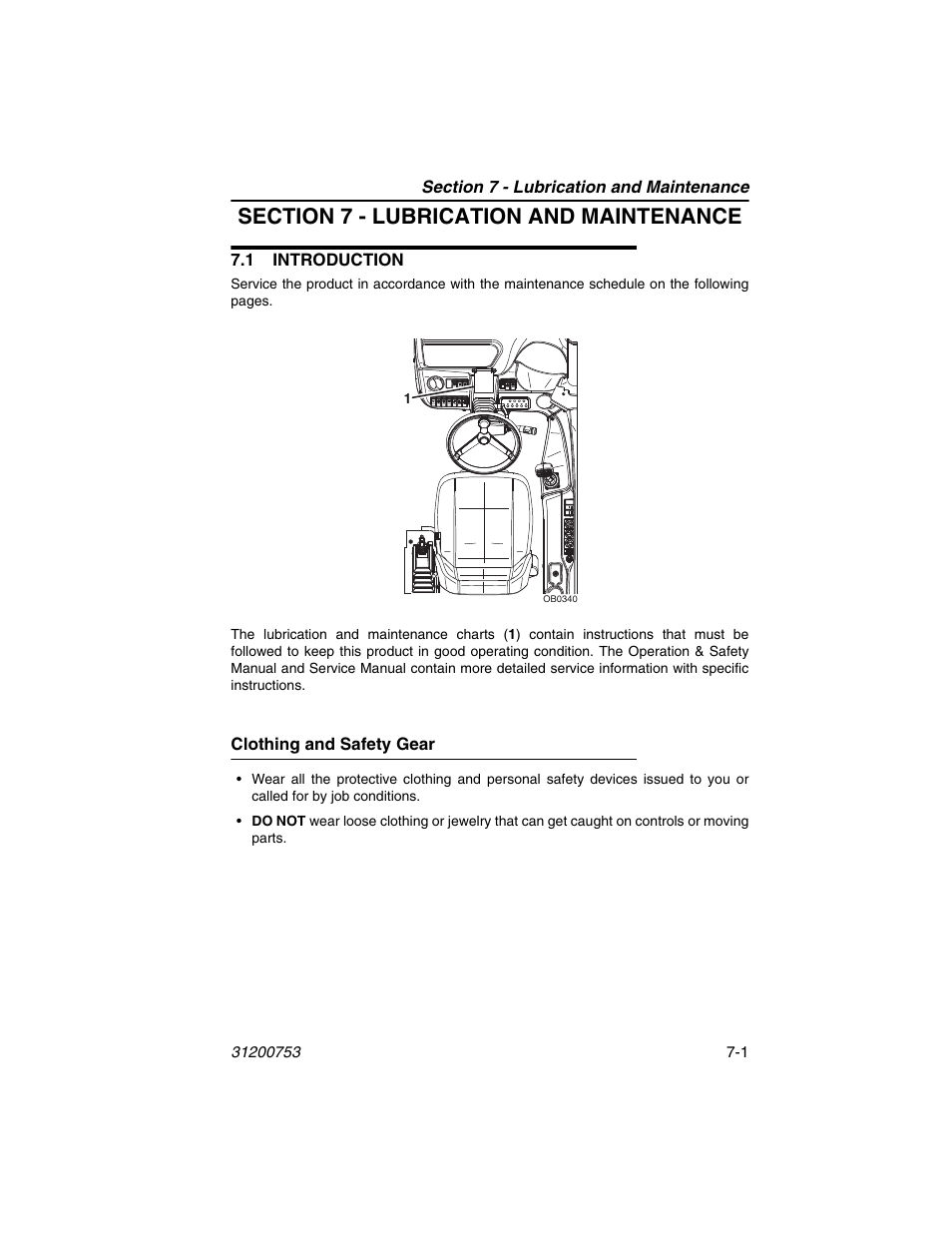 Section 7 - lubrication and maintenance, 1 introduction, Clothing and safety gear | 1 introduction -1, Clothing and safety gear -1, Fer to section 7 - lubrication and maintenance | JLG 4017PS Operator Manual User Manual | Page 153 / 202