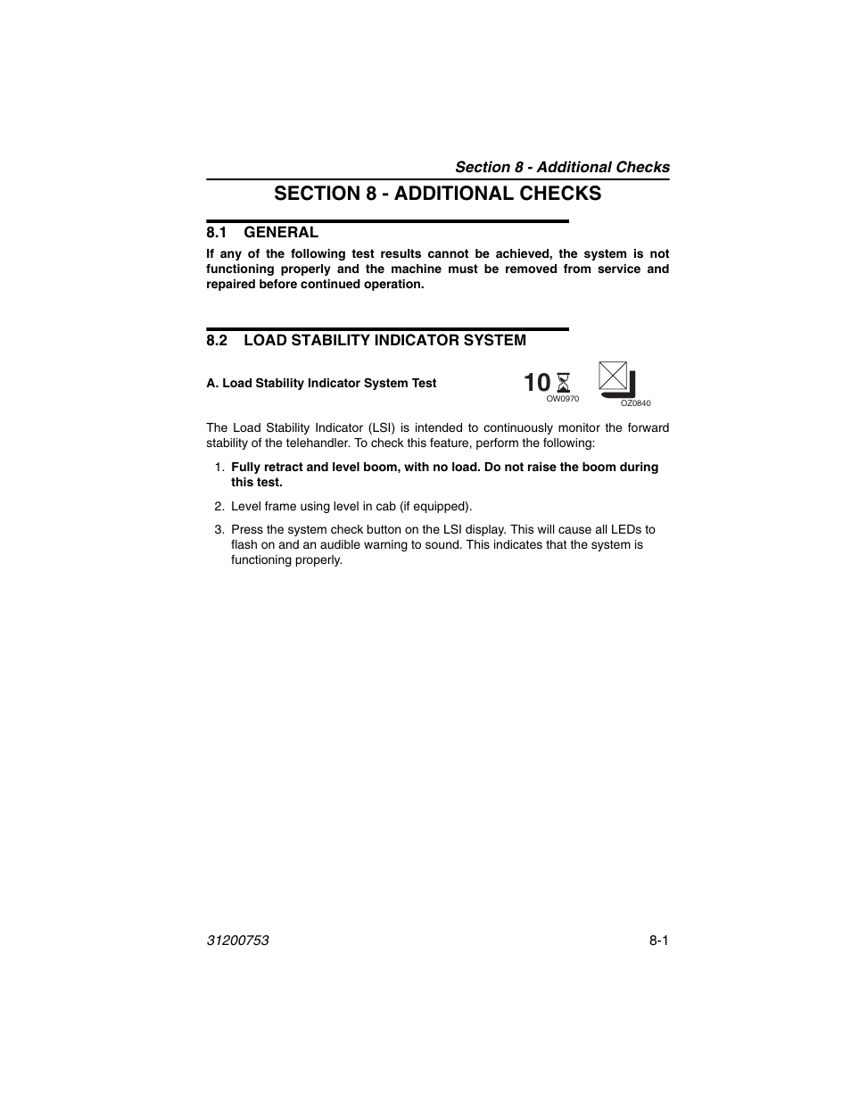 Section 8 - additional checks, 1 general, 2 load stability indicator system | T. see section 8 - additional, Checks | JLG 4017PS Operator Manual User Manual | Page 179 / 202