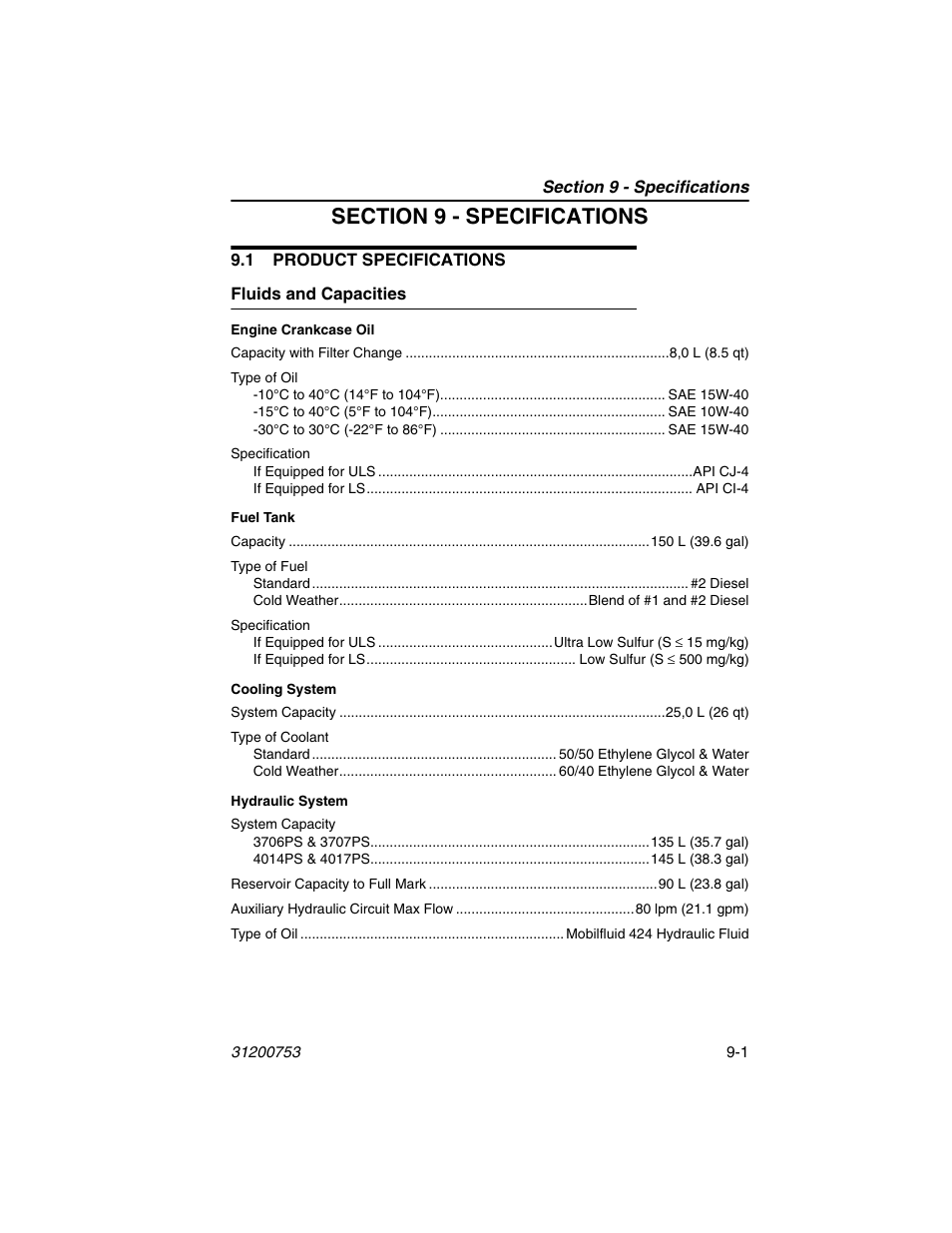 Section 9 - specifications, 1 product specifications, Fluids and capacities | 1 product specifications -1, Fluids and capacities -1 | JLG 4017PS Operator Manual User Manual | Page 183 / 202