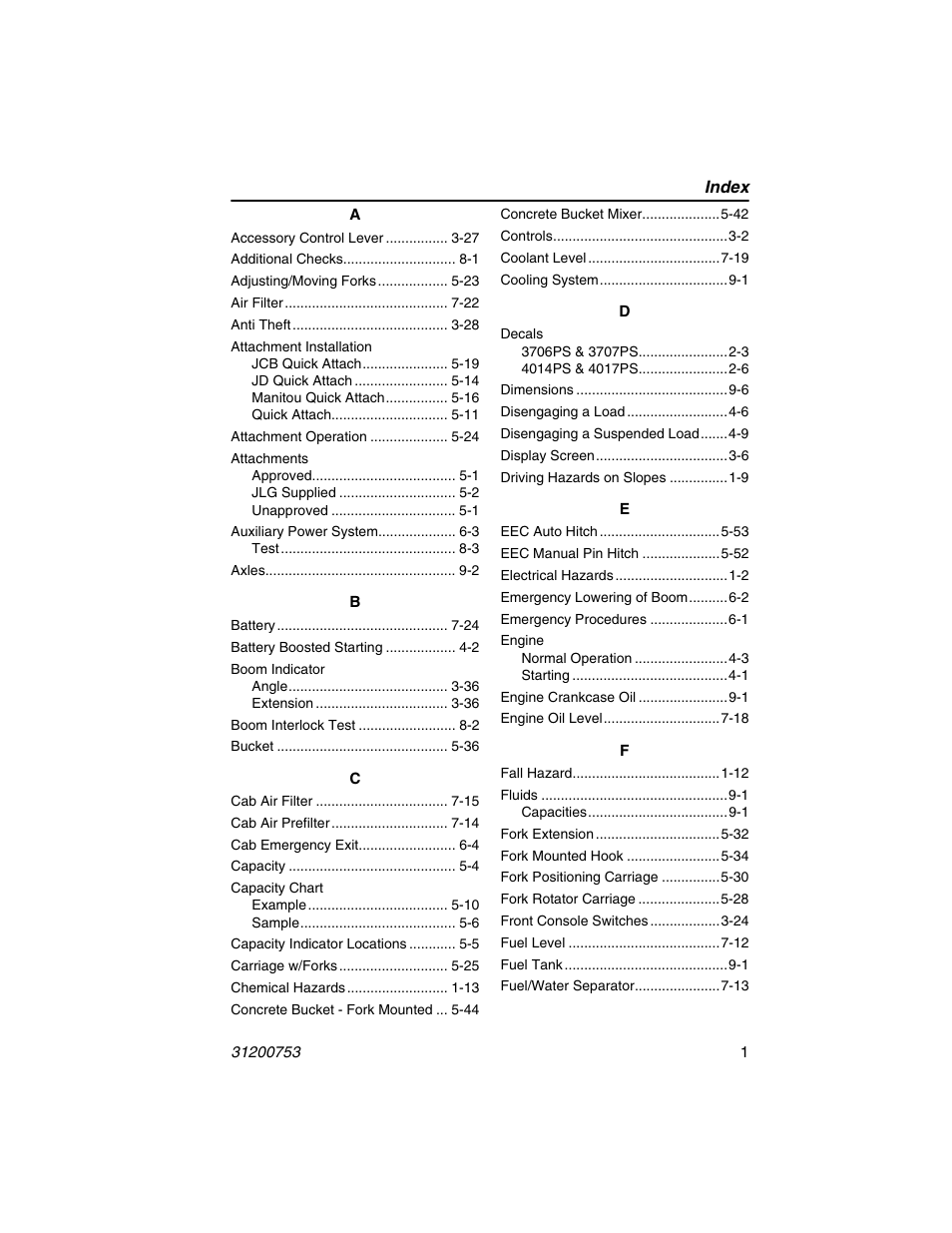 Index | JLG 4017PS Operator Manual User Manual | Page 193 / 202