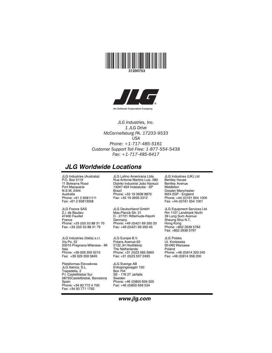 Jlg worldwide locations | JLG 4017PS Operator Manual User Manual | Page 202 / 202