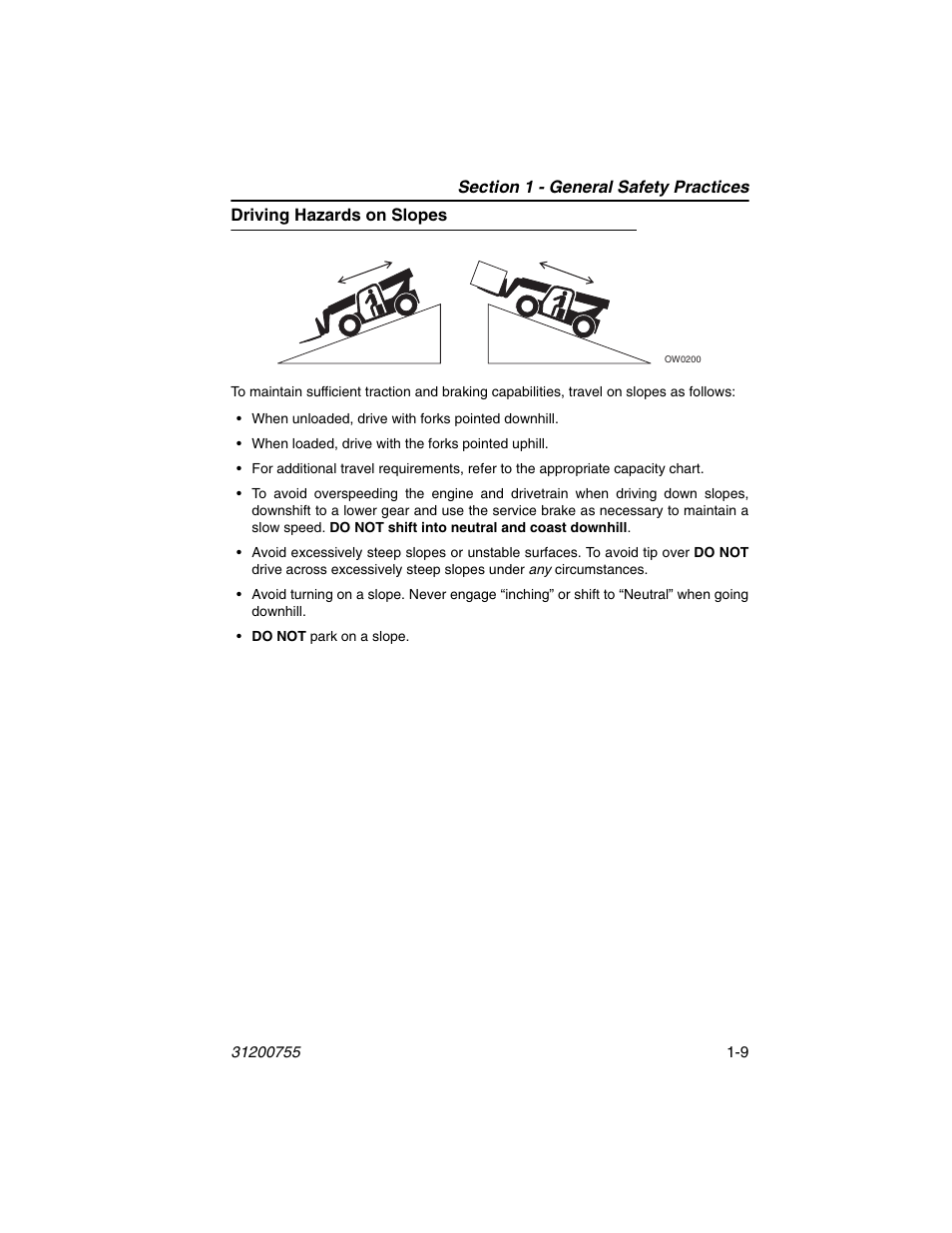 Driving hazards on slopes, Driving hazards on slopes -9 | JLG 4017PS Operator Manual User Manual | Page 21 / 202