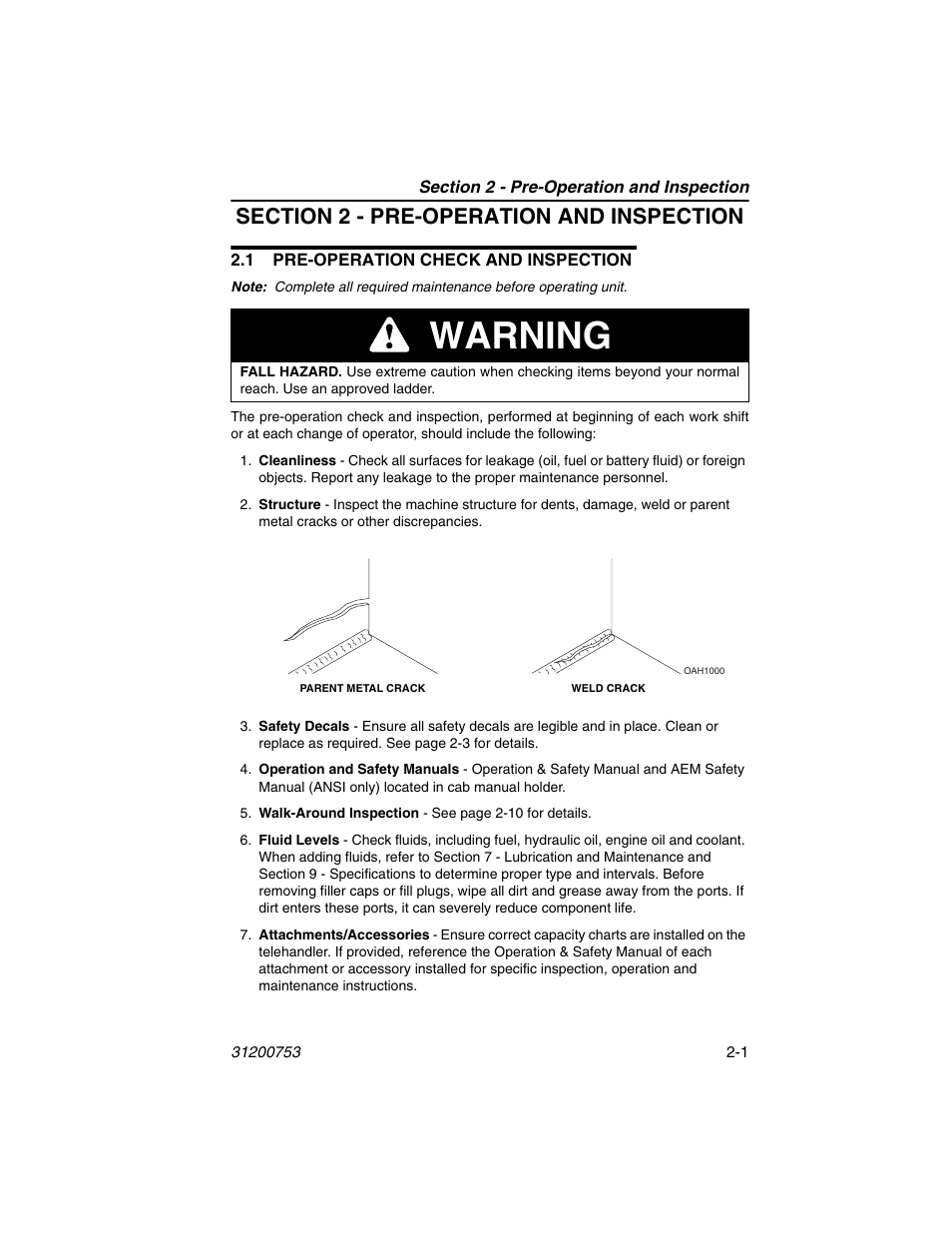 Section 2 - pre-operation and inspection, 1 pre-operation check and inspection, 1 pre-operation check and inspection -1 | Warning | JLG 4017PS Operator Manual User Manual | Page 27 / 202