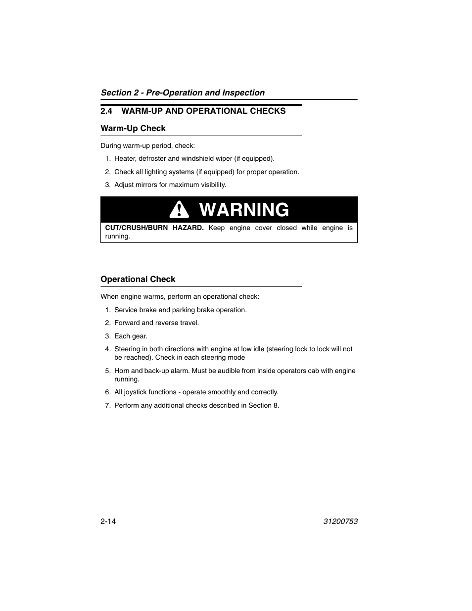4 warm-up and operational checks, Warm-up check, Operational check | 4 warm-up and operational checks -14, Warm-up check -14 operational check -14, Warning | JLG 4017PS Operator Manual User Manual | Page 40 / 202