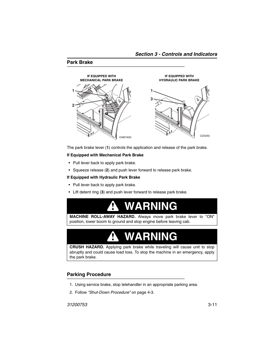 Park brake, Parking procedure, Park brake -11 parking procedure -11 | Warning | JLG 4017PS Operator Manual User Manual | Page 55 / 202