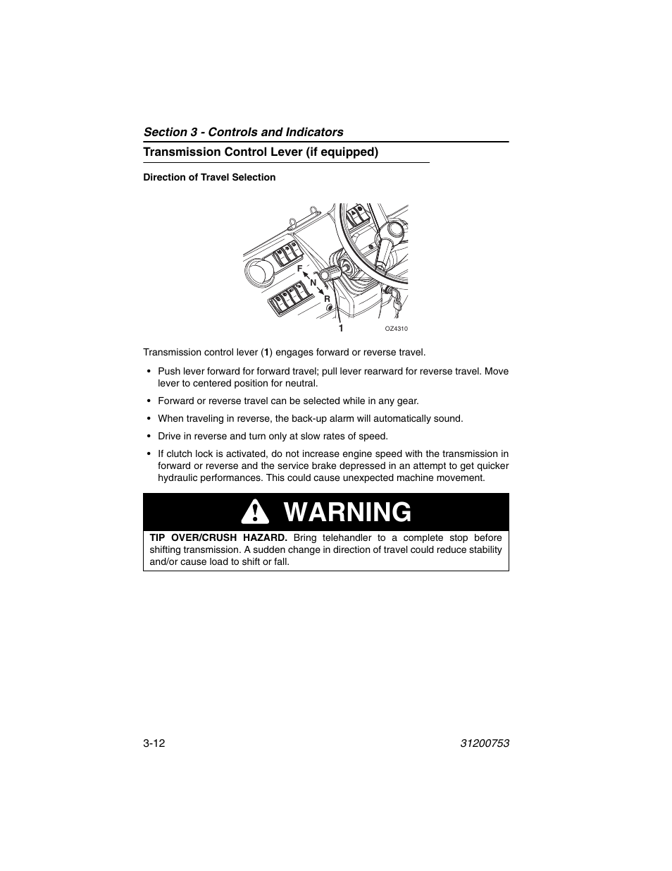 Transmission control lever (if equipped), Transmission control lever (if equipped) -12, Warning | JLG 4017PS Operator Manual User Manual | Page 56 / 202