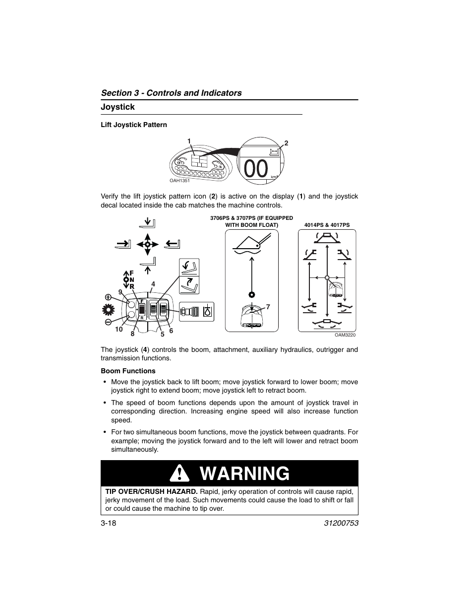 Joystick, Joystick -18, Warning | JLG 4017PS Operator Manual User Manual | Page 62 / 202