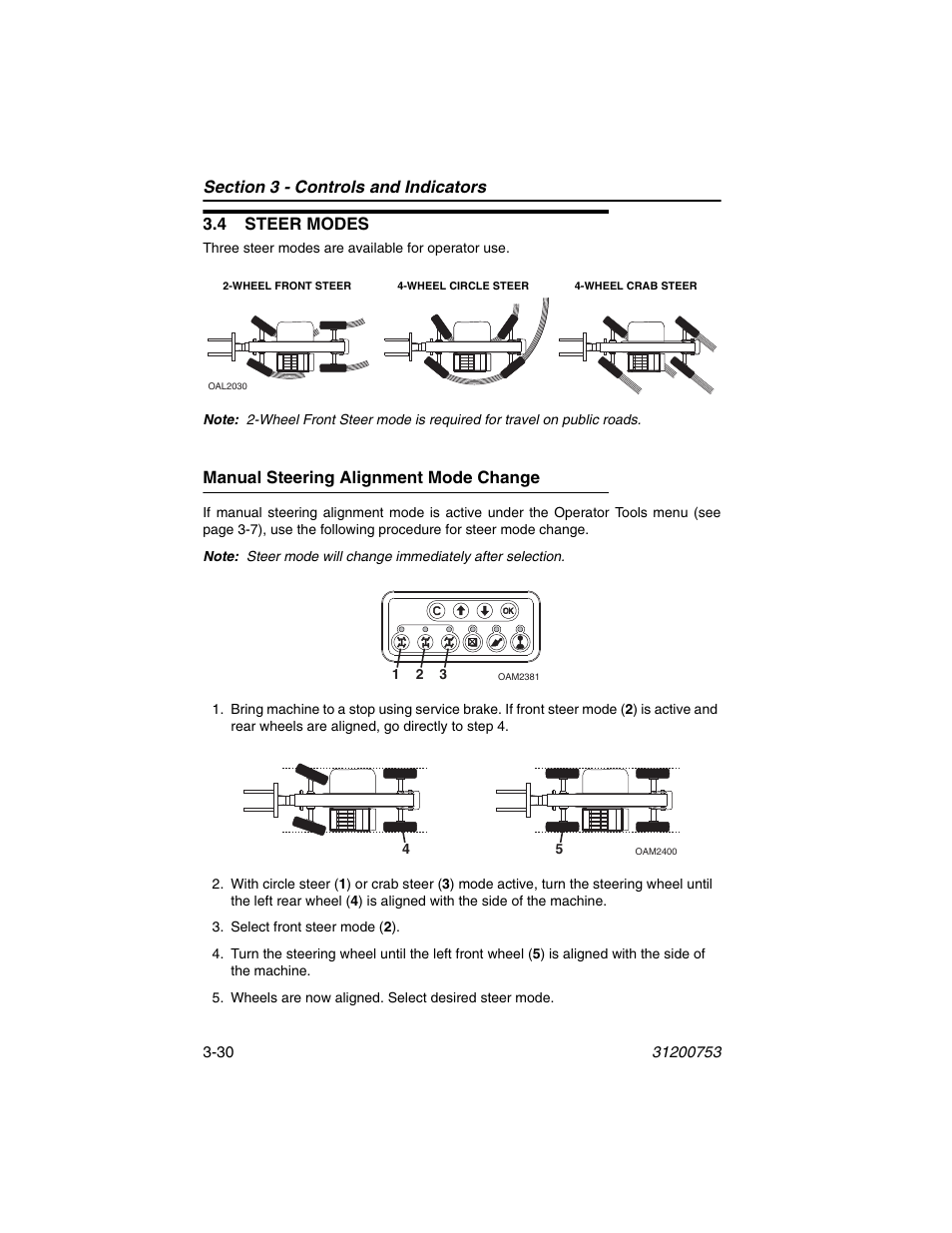 4 steer modes, Manual steering alignment mode change, 4 steer modes -30 | Manual steering alignment mode change -30, See “steer | JLG 4017PS Operator Manual User Manual | Page 74 / 202