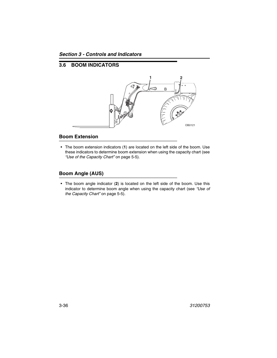 6 boom indicators, Boom extension, Boom angle (aus) | 6 boom indicators -36, Boom extension -36 boom angle (aus) -36 | JLG 4017PS Operator Manual User Manual | Page 80 / 202