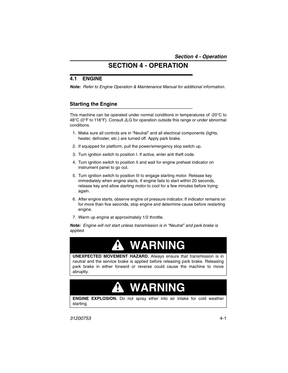 Section 4 - operation, 1 engine, Starting the engine | 1 engine -1, Starting the engine -1, Warning | JLG 4017PS Operator Manual User Manual | Page 81 / 202