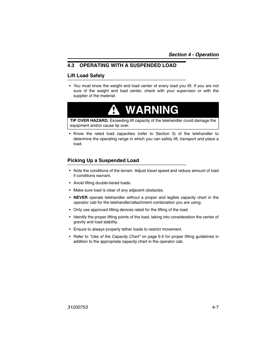 3 operating with a suspended load, Lift load safely, Picking up a suspended load | 3 operating with a suspended load -7, Lift load safely -7 picking up a suspended load -7, Warning | JLG 4017PS Operator Manual User Manual | Page 87 / 202