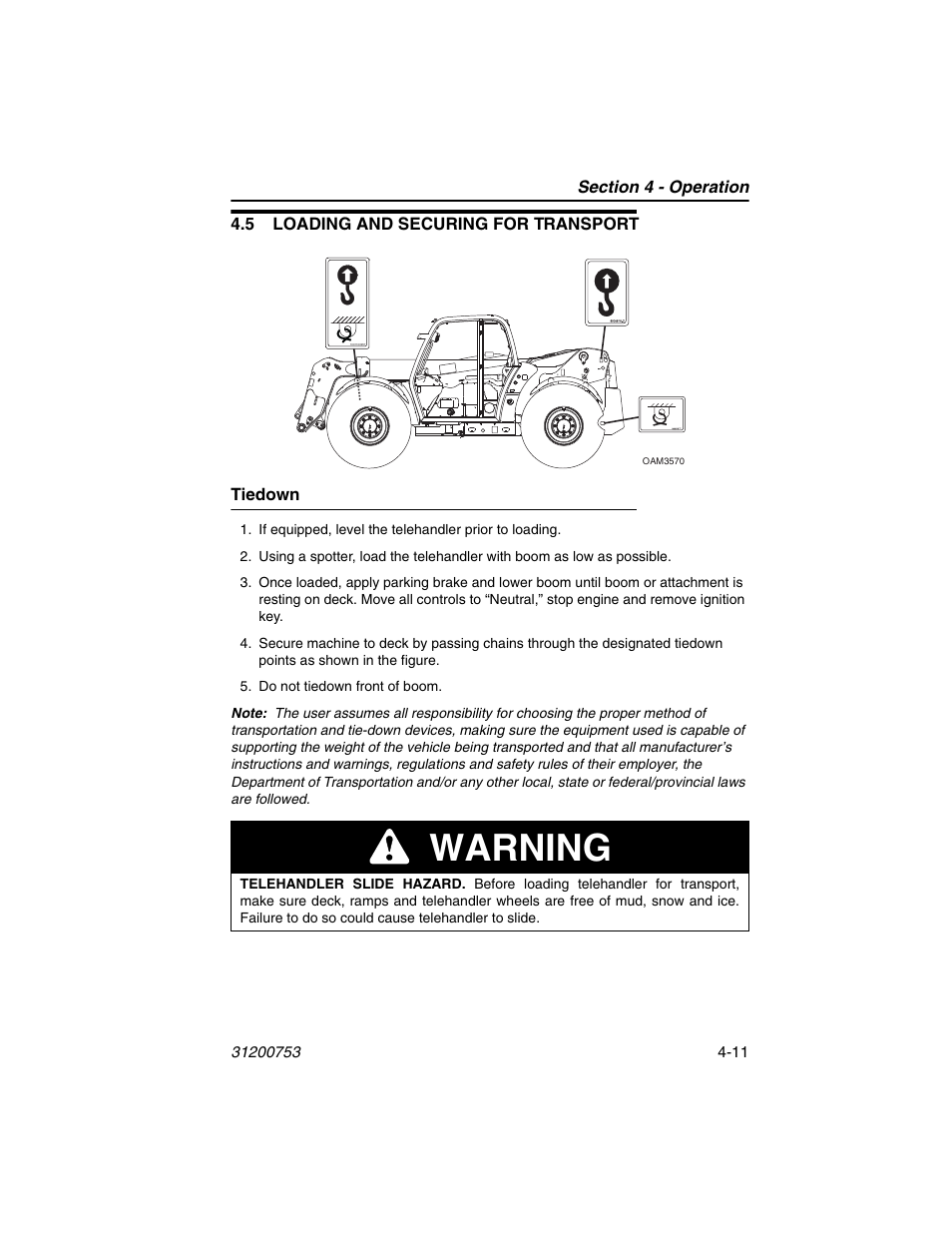 5 loading and securing for transport, Tiedown, 5 loading and securing for transport -11 | Tiedown -11, Warning | JLG 4017PS Operator Manual User Manual | Page 91 / 202