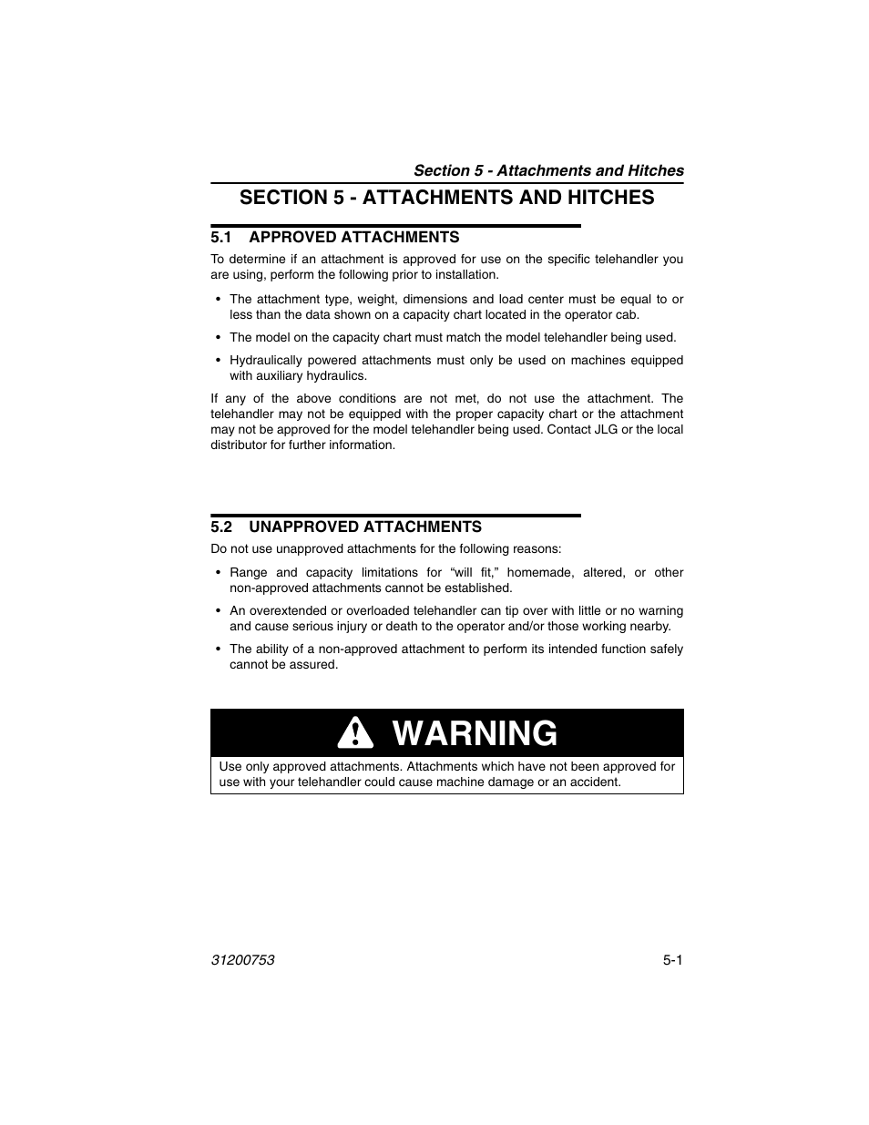 Section 5 - attachments and hitches, 1 approved attachments, 2 unapproved attachments | Section 5 - attachments and hitches for, M. see section 5 - attachments and hitches, See section 5 - attachments and hitches for appro, Nd section 5 - attachments and hitches, D section 5 - attachments and hitches, Warning | JLG 4017PS Operator Manual User Manual | Page 93 / 202