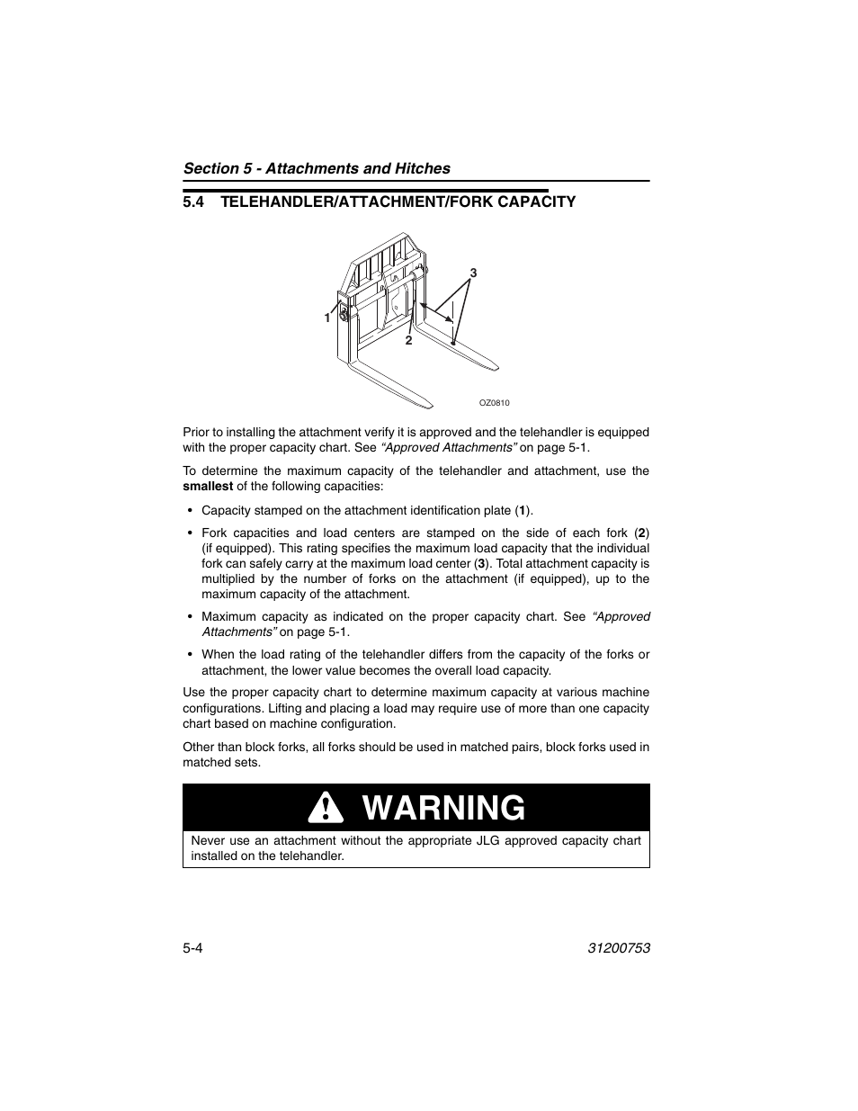 4 telehandler/attachment/fork capacity, 4 telehandler/attachment/fork capacity -4, Warning | JLG 4017PS Operator Manual User Manual | Page 96 / 202
